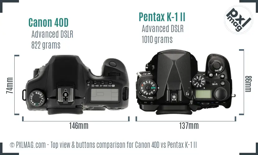 Canon 40D vs Pentax K-1 II top view buttons comparison