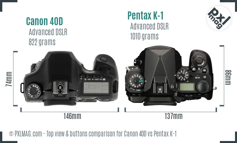 Canon 40D vs Pentax K-1 top view buttons comparison