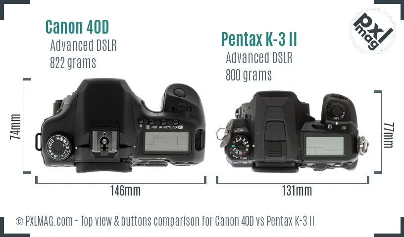Canon 40D vs Pentax K-3 II top view buttons comparison