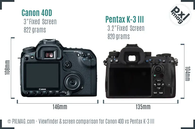Canon 40D vs Pentax K-3 III Screen and Viewfinder comparison