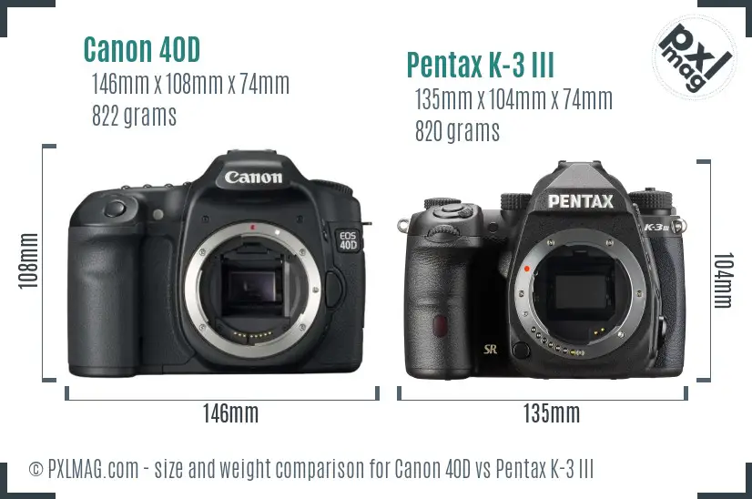 Canon 40D vs Pentax K-3 III size comparison