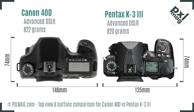 Canon 40D vs Pentax K-3 III top view buttons comparison