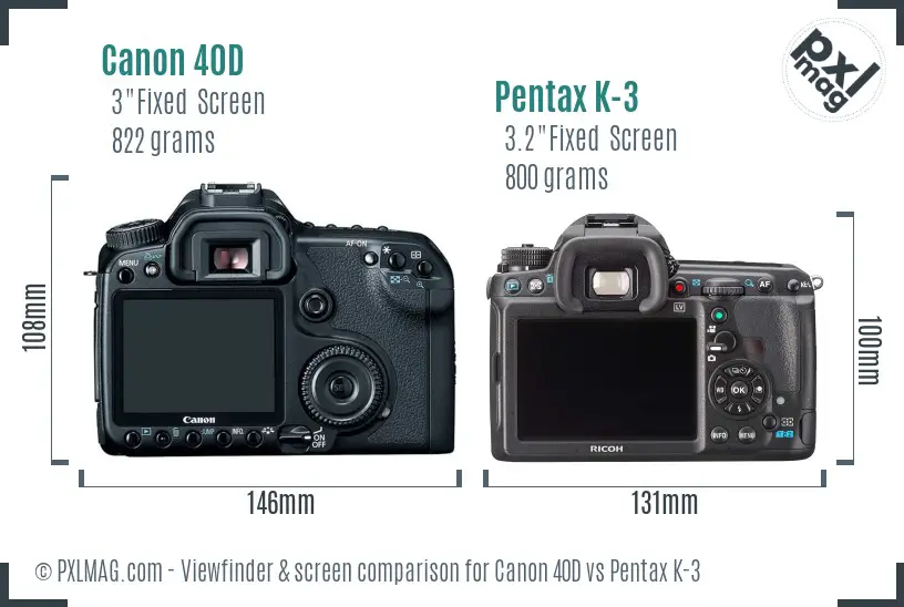 Canon 40D vs Pentax K-3 Screen and Viewfinder comparison