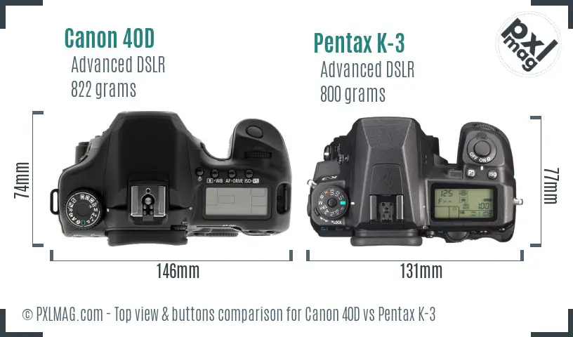 Canon 40D vs Pentax K-3 top view buttons comparison