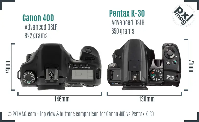 Canon 40D vs Pentax K-30 top view buttons comparison