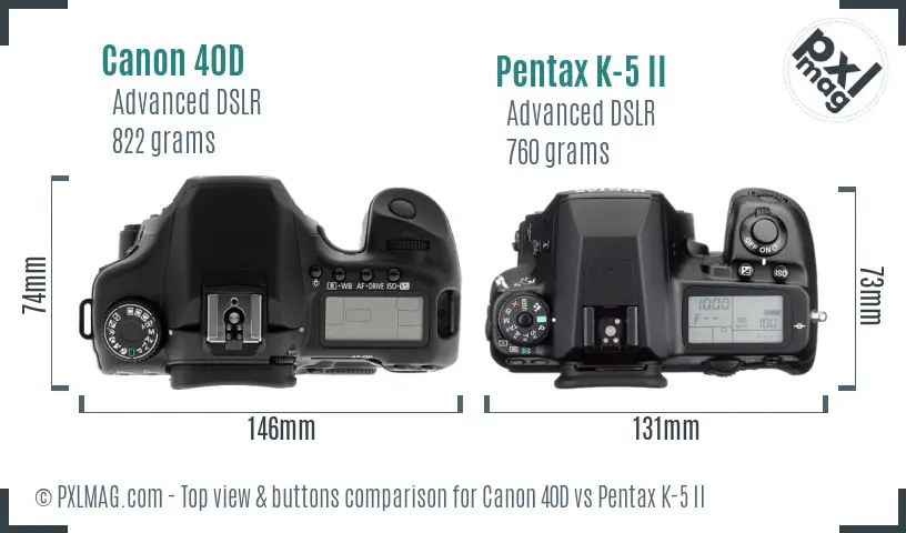 Canon 40D vs Pentax K-5 II top view buttons comparison