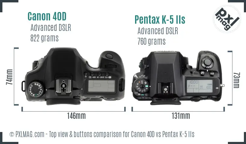 Canon 40D vs Pentax K-5 IIs top view buttons comparison