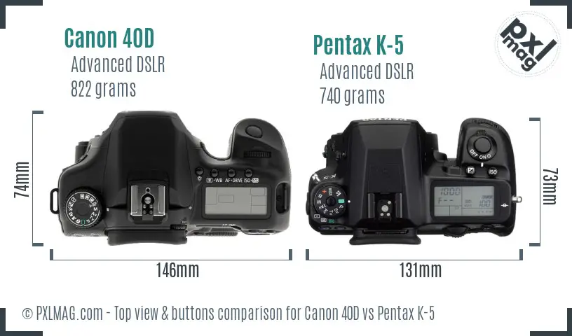 Canon 40D vs Pentax K-5 top view buttons comparison