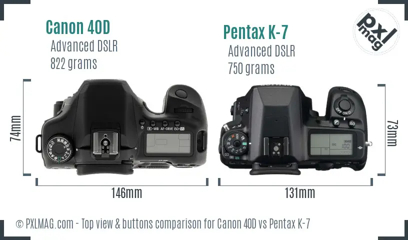 Canon 40D vs Pentax K-7 top view buttons comparison