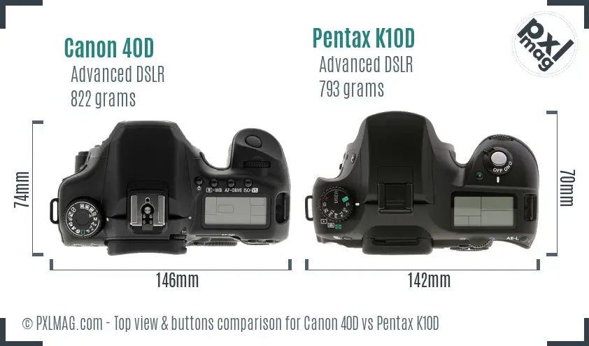 Canon 40D vs Pentax K10D top view buttons comparison