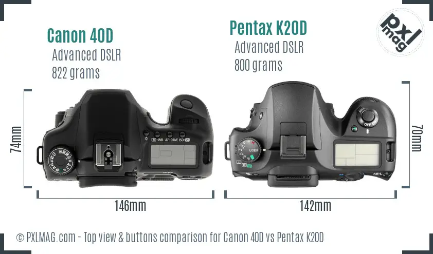 Canon 40D vs Pentax K20D top view buttons comparison