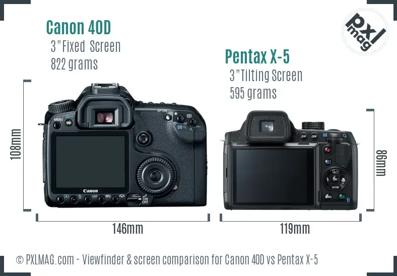 Canon 40D vs Pentax X-5 Screen and Viewfinder comparison