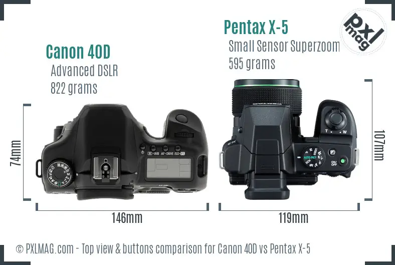 Canon 40D vs Pentax X-5 top view buttons comparison