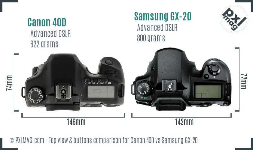 Canon 40D vs Samsung GX-20 top view buttons comparison