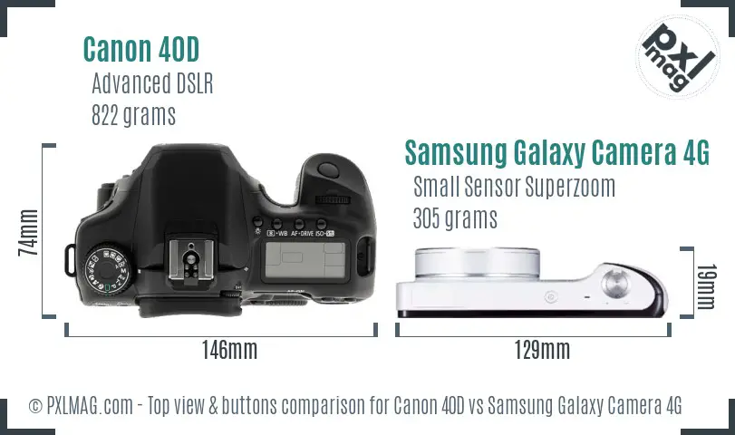 Canon 40D vs Samsung Galaxy Camera 4G top view buttons comparison Canon 40D vs Samsung Galaxy Camera 4G top view buttons comparison