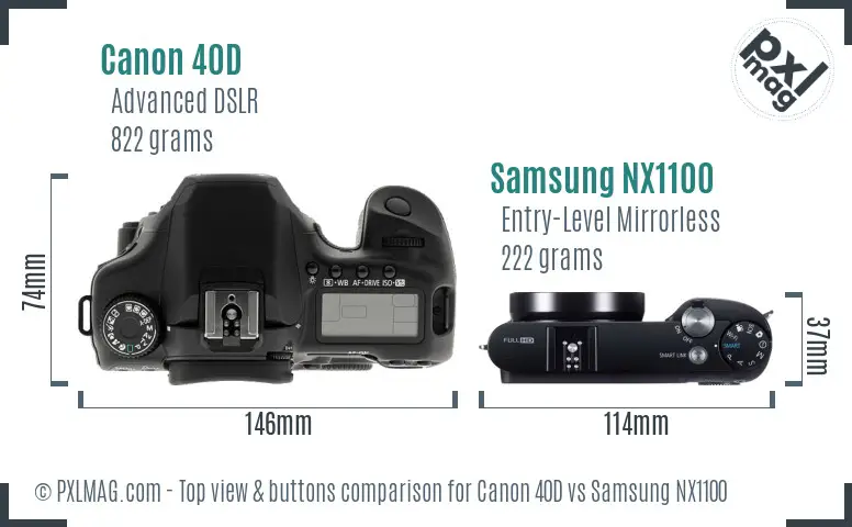 Canon 40D vs Samsung NX1100 top view buttons comparison