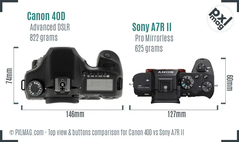 Canon 40D vs Sony A7R II top view buttons comparison