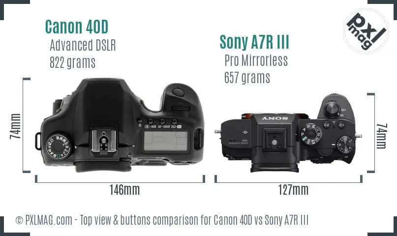 Canon 40D vs Sony A7R III top view buttons comparison Canon 40D vs Sony A7R III top view buttons comparison