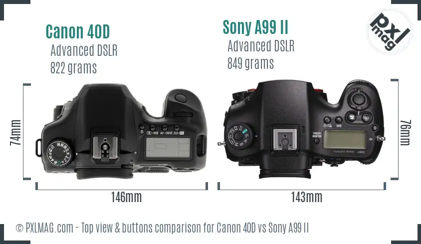 Canon 40D vs Sony A99 II top view buttons comparison