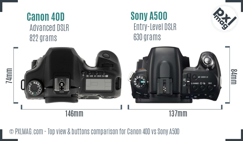 Canon 40D vs Sony A500 top view buttons comparison
