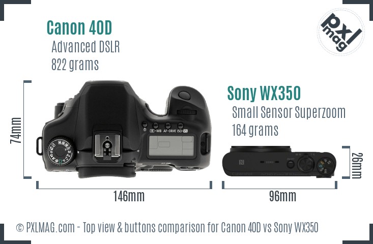 Canon 40D vs Sony WX350 top view buttons comparison