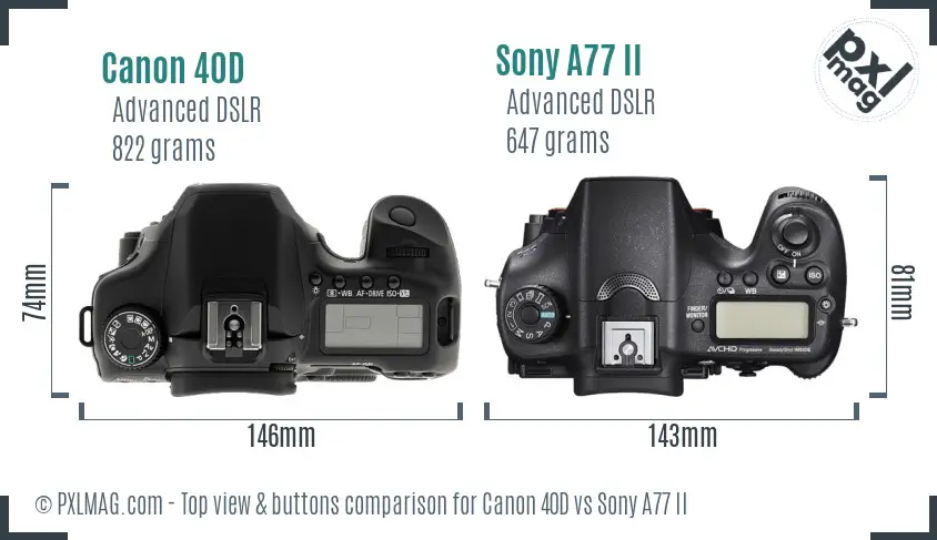 Canon 40D vs Sony A77 II top view buttons comparison