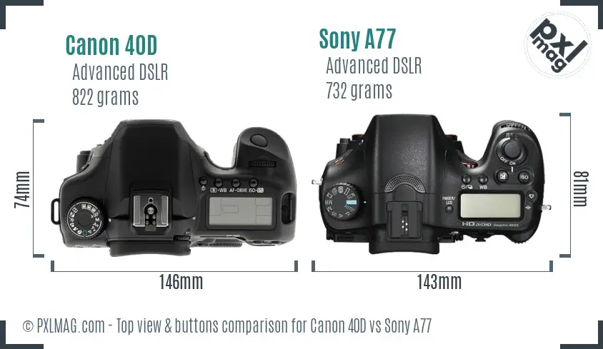 Canon 40D vs Sony A77 top view buttons comparison