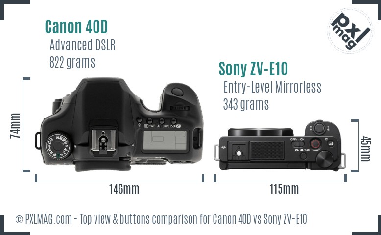 Canon 40D vs Sony ZV-E10 top view buttons comparison