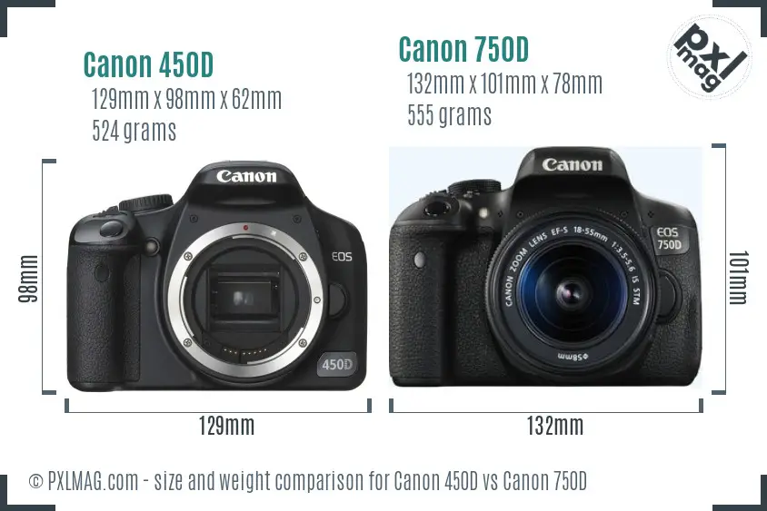 Canon 450D vs Canon 750D size comparison