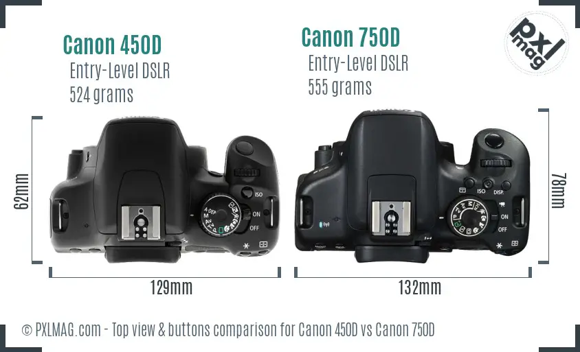 Canon 450D vs Canon 750D top view buttons comparison