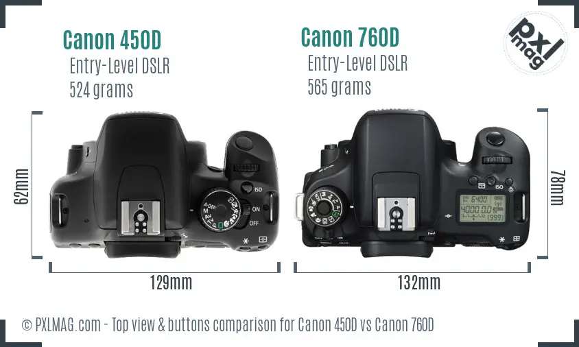 Canon 450D vs Canon 760D top view buttons comparison