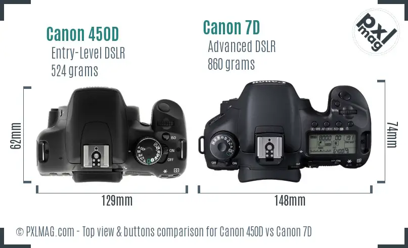 Canon 450D vs Canon 7D top view buttons comparison Canon 450D vs Canon 7D top view buttons comparison