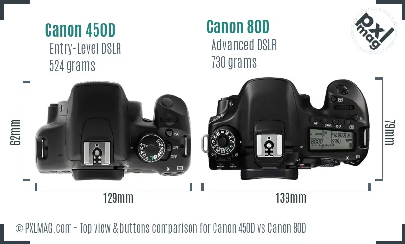 Canon 450D vs Canon 80D top view buttons comparison