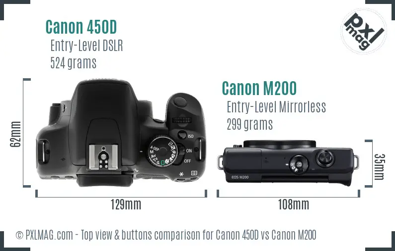 Canon 450D vs Canon M200 top view buttons comparison Canon 450D vs Canon M200 top view buttons comparison