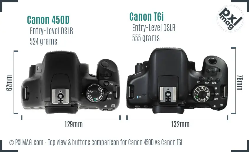 Canon 450D vs Canon T6i top view buttons comparison