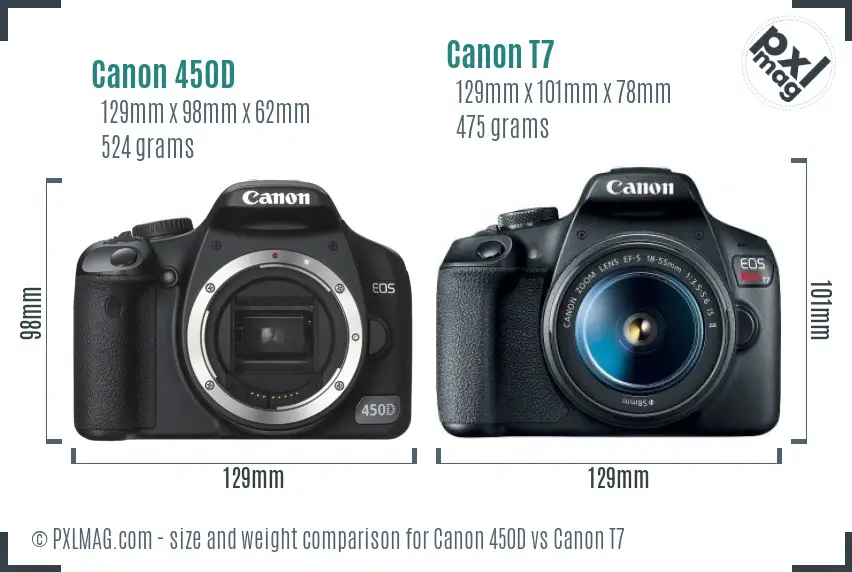 Canon 450D vs Canon T7 size comparison