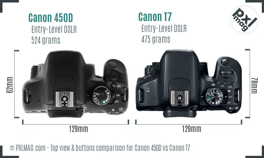 Canon 450D vs Canon T7 top view buttons comparison