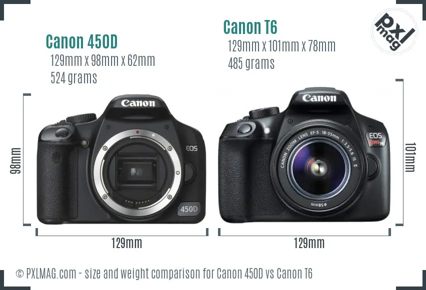 Canon 450D vs Canon T6 size comparison
