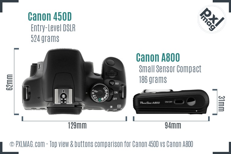 Canon 450D vs Canon A800 top view buttons comparison