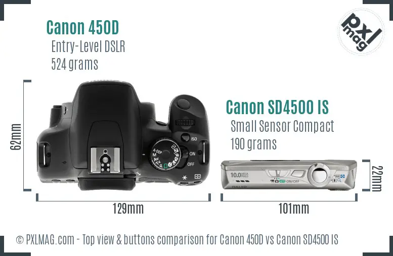 Canon 450D vs Canon SD4500 IS top view buttons comparison