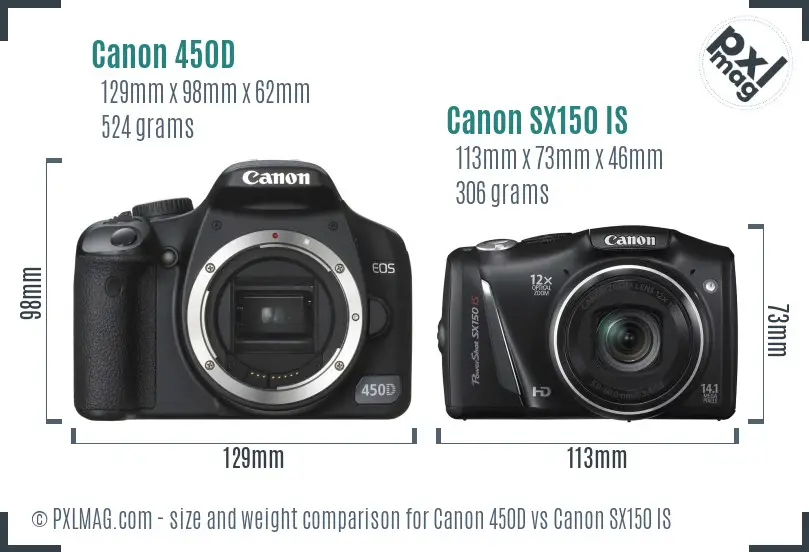 Canon 450D vs Canon SX150 IS size comparison