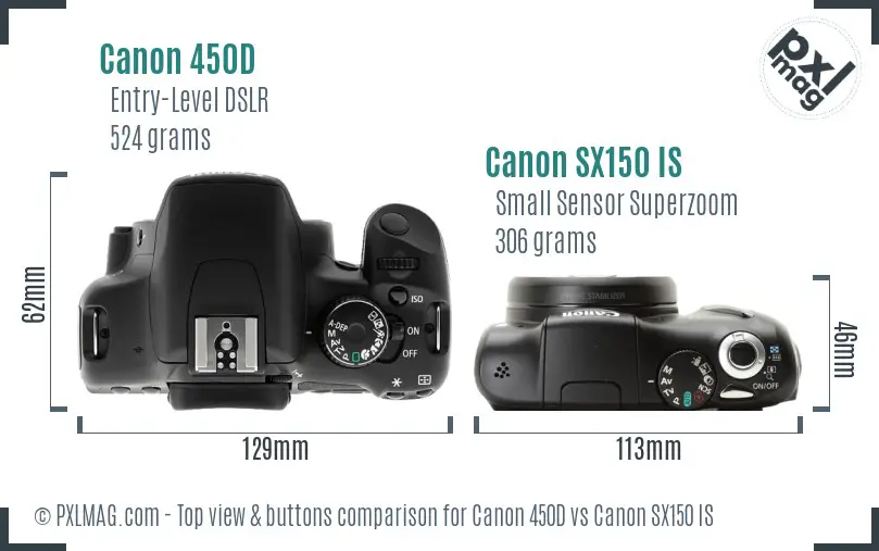 Canon 450D vs Canon SX150 IS top view buttons comparison