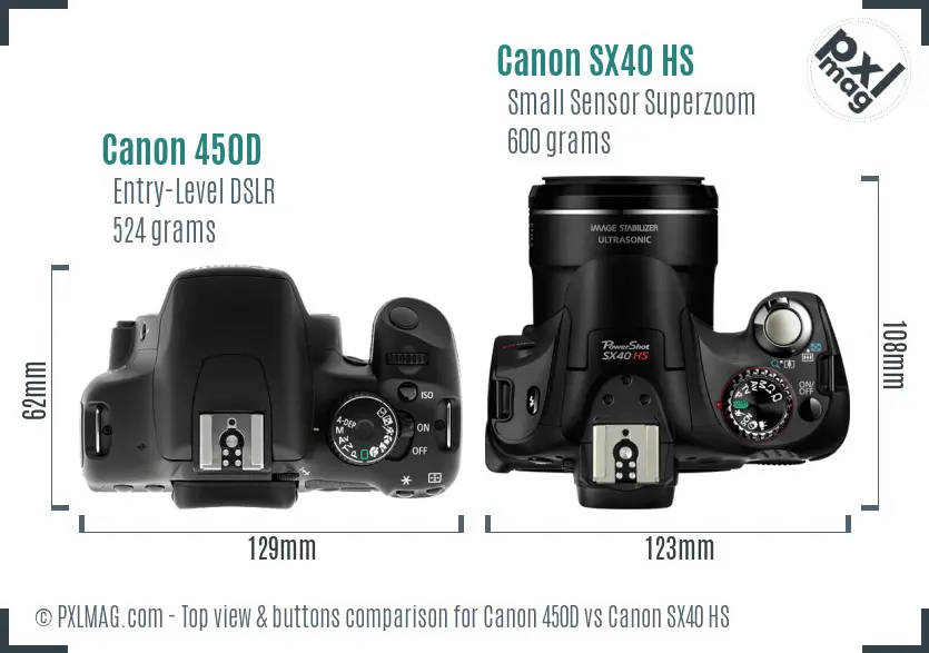 Canon 450D vs Canon SX40 HS top view buttons comparison Canon 450D vs Canon SX40 HS top view buttons comparison