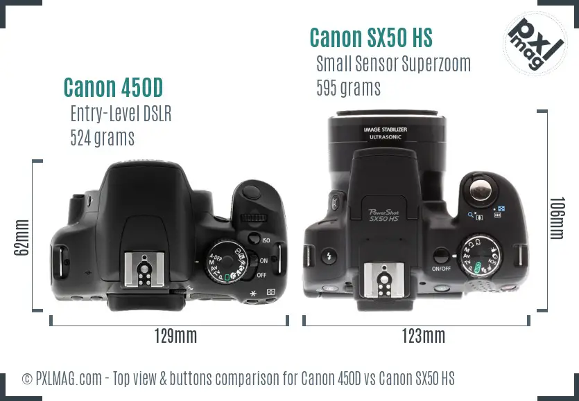 Canon 450D vs Canon SX50 HS top view buttons comparison Canon 450D vs Canon SX50 HS top view buttons comparison