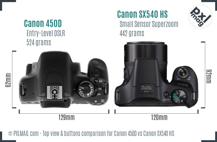 Canon 450D vs Canon SX540 HS top view buttons comparison