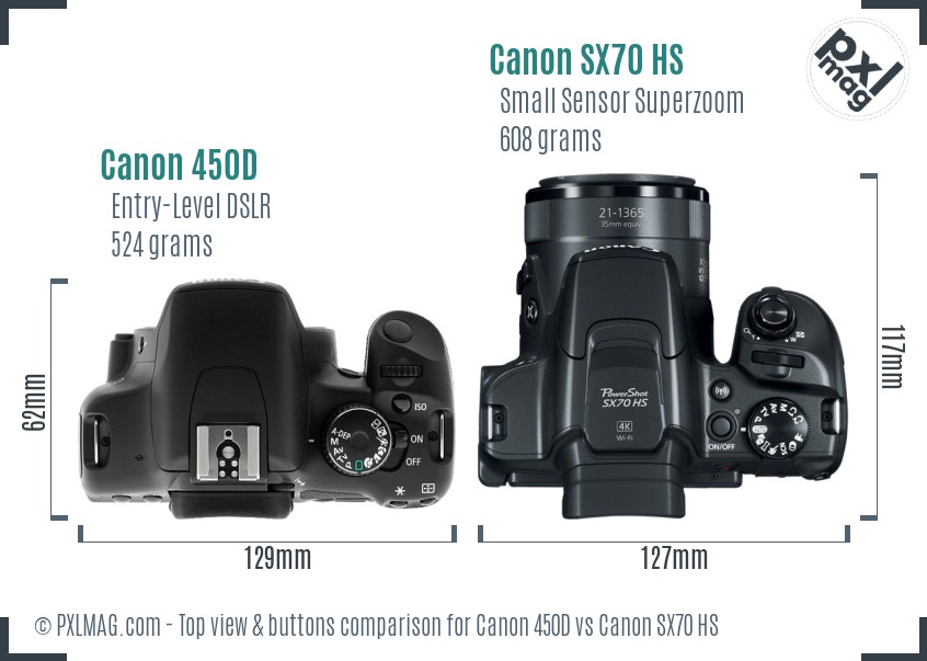 Canon 450D vs Canon SX70 HS top view buttons comparison