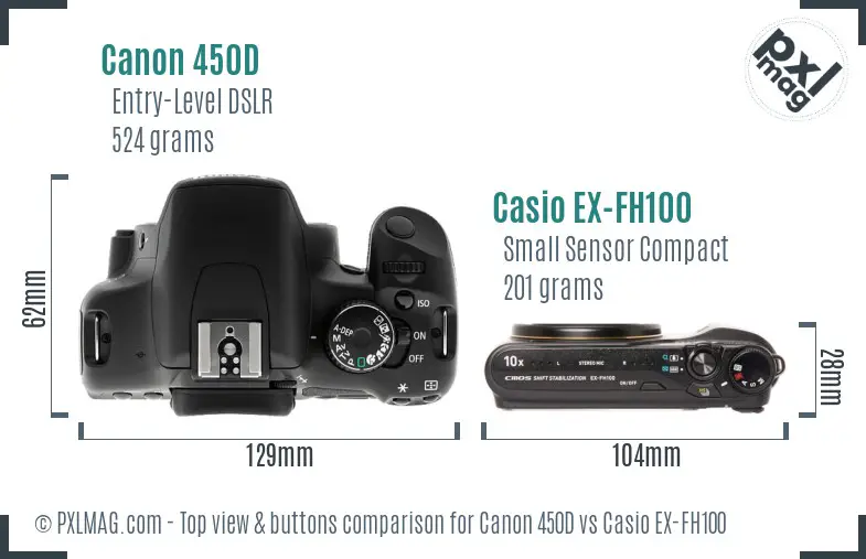 Canon 450D vs Casio EX-FH100 top view buttons comparison