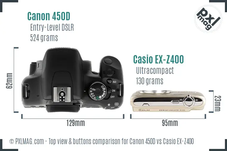 Canon 450D vs Casio EX-Z400 top view buttons comparison