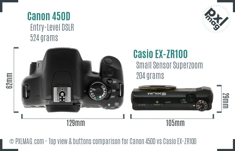 Canon 450D vs Casio EX-ZR100 top view buttons comparison