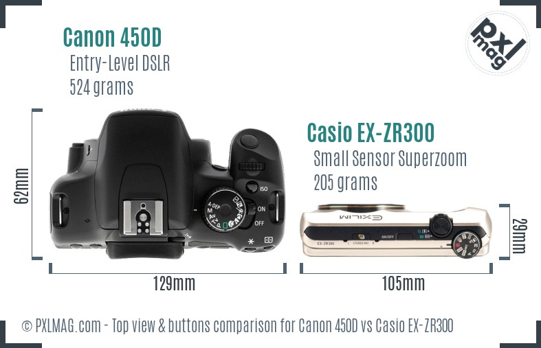 Canon 450D vs Casio EX-ZR300 top view buttons comparison